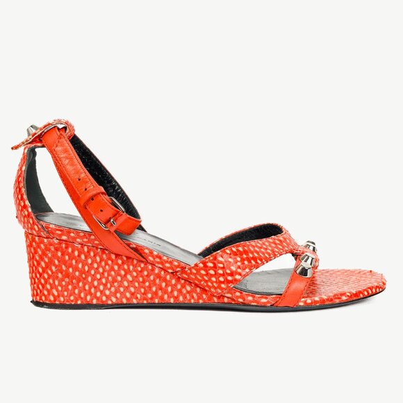 Balenciaga Orange Snakeskin-Embossed Studded Wedge Sandals - Picture 1 of 11